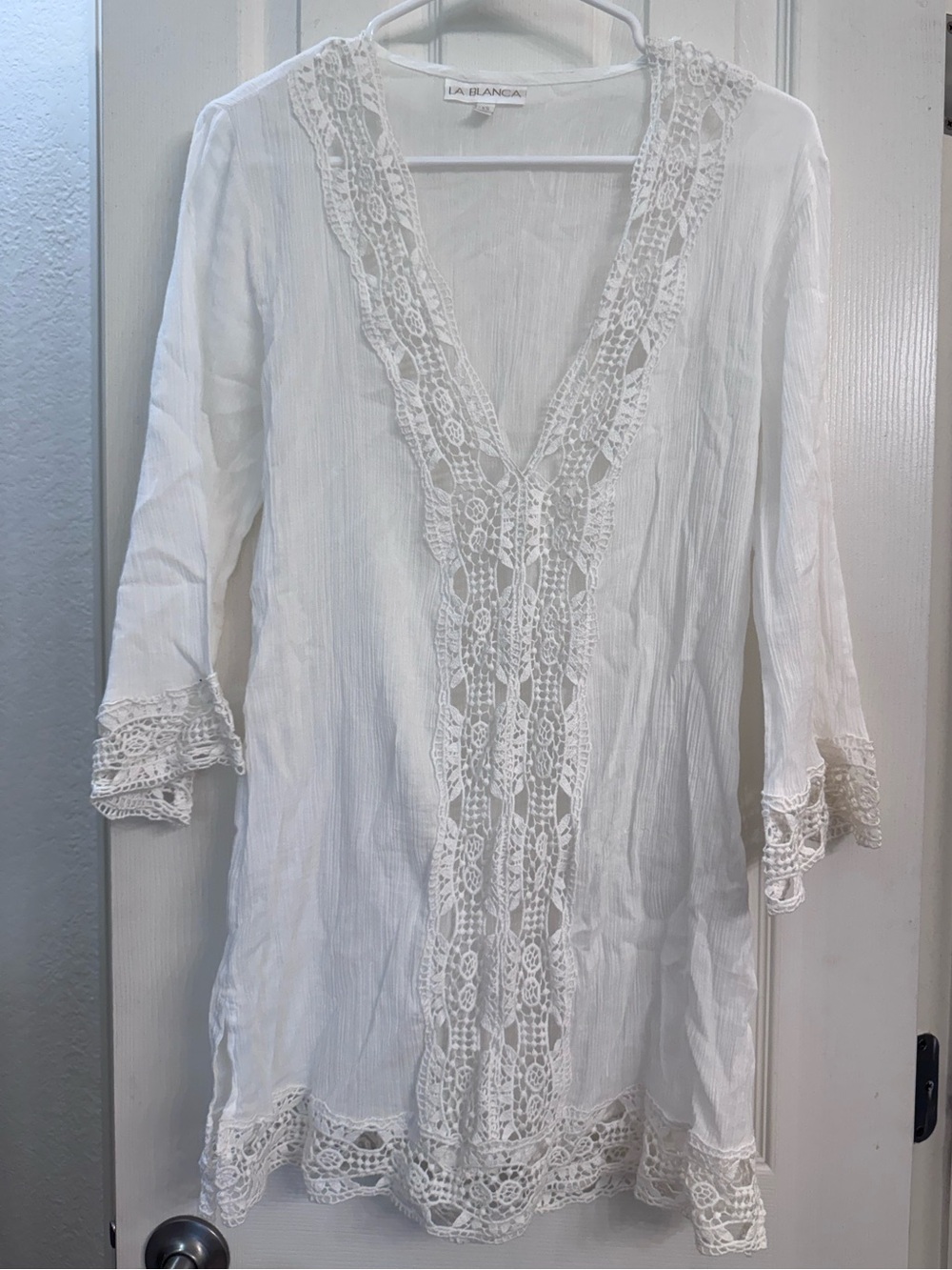 La Blanca White Crochet V-Neck Tunic Top Swim Coverup Size XS